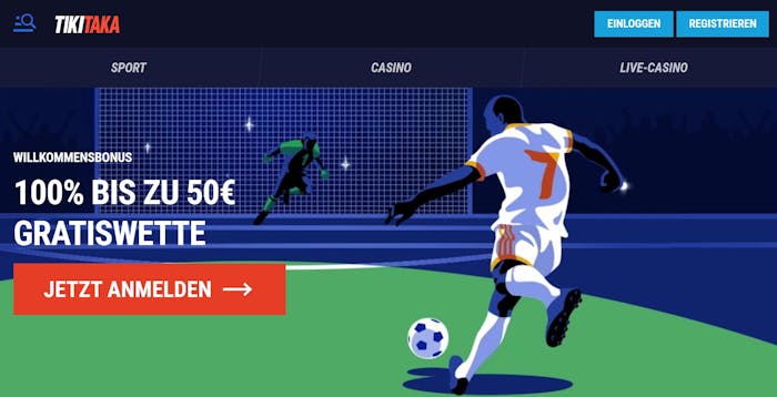 Startseite des TikiTaka Casinos zeigt Willkommensbonus für Sportwetten