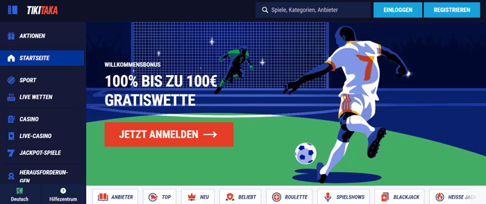 Tiki Taka Casino Screenshot mit der Startseite und dem Willkommensbonus.