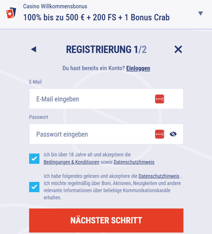 Tiki Taka Casino Screenshot mit der Anmeldeseite.