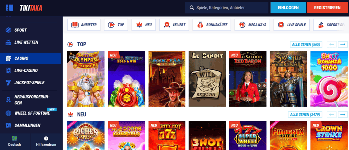 Tiki Taka Casino Screenshot mit der Spieleseite.