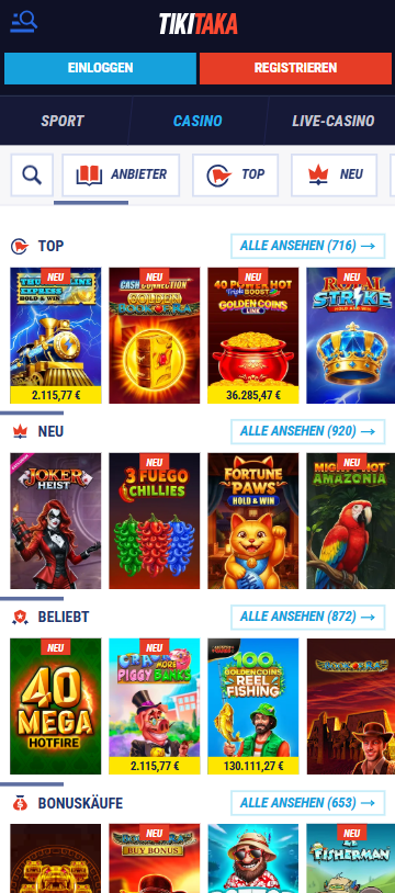 Tiki Taka Casino Screenshot mit der Spieleseite.