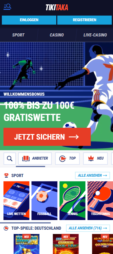 Tiki Taka Casino Screenshot mit der Startseite und dem Willkommensbonus.