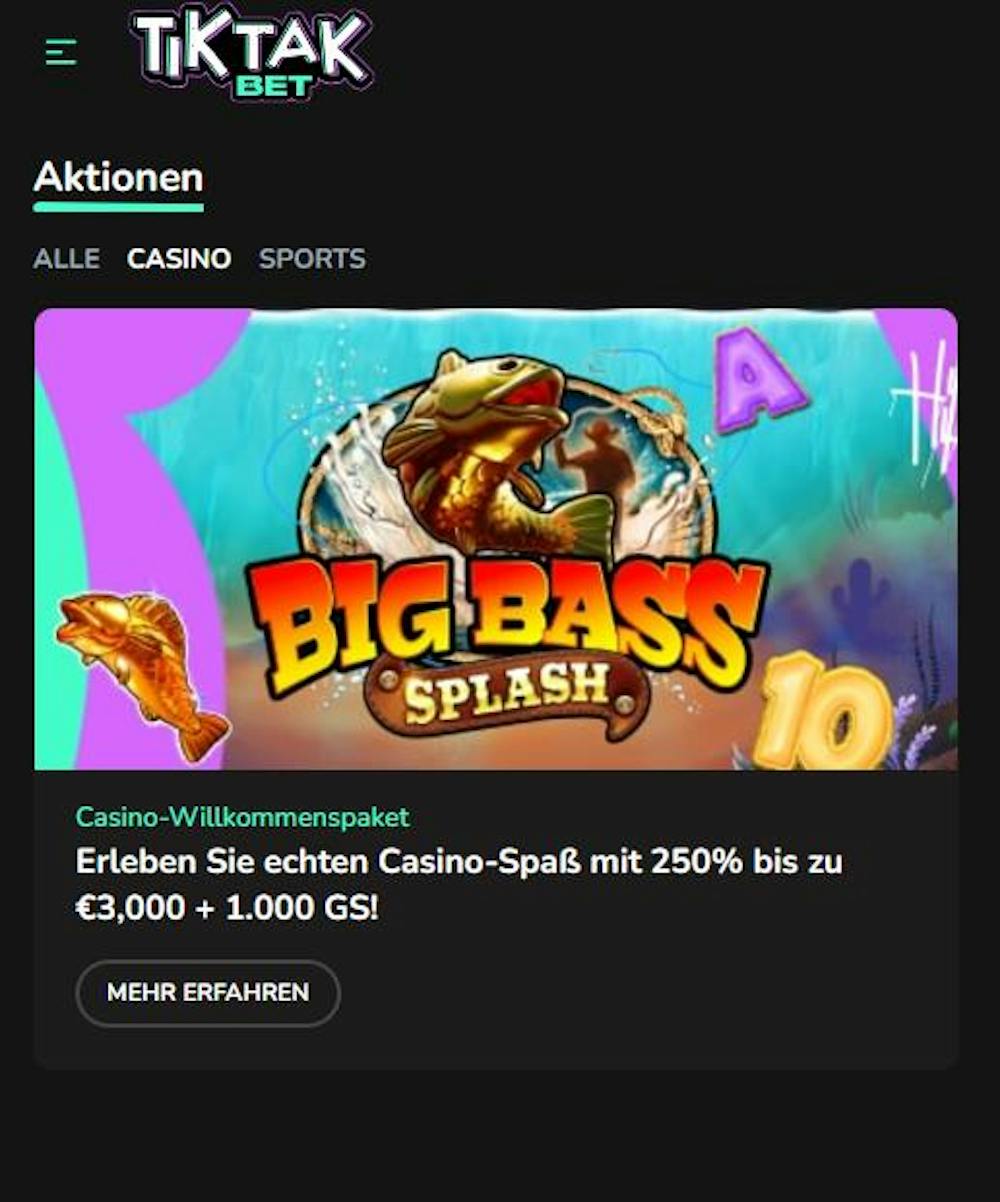 Der Willkommensbonus bei TikTakBet Casino, mit 250 % bis zu 3.,000 € + 3.000 Freispielen