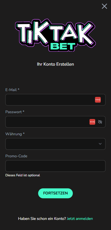 Das Registrierungsformular bei TikTakbet Casino