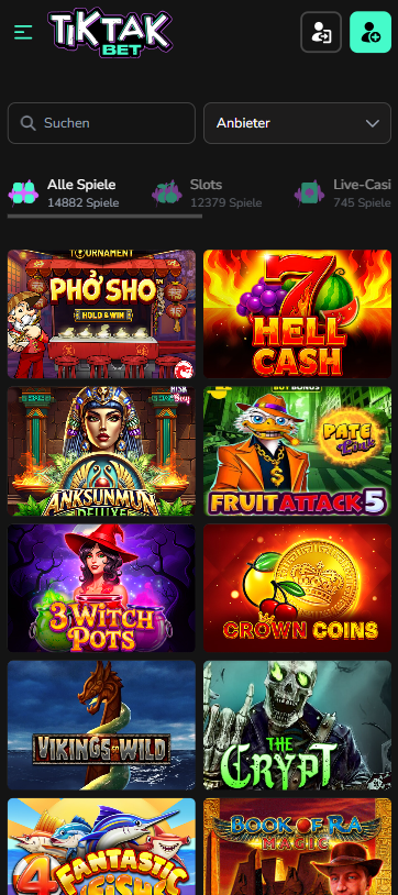 Eine Übersicht der verschiedenen Slotspiele bei TikTakbet Casino, mit Titeln wie Wolf Fang und Spacemen