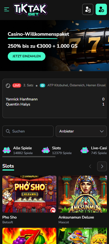 Die Homepage von TikTakBet, im Hintergrund eine Beschreibung zum Willkommensbonus von 250 % bis zu 3.000 € + 1.000 Freispiele