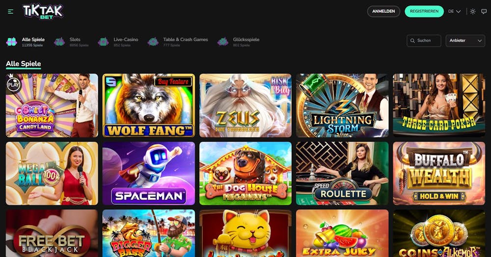 Eine Übersicht der verschiedenen Slotspiele bei TikTakbet Casino, mit Titeln wie Wolf Fang und Spacemen