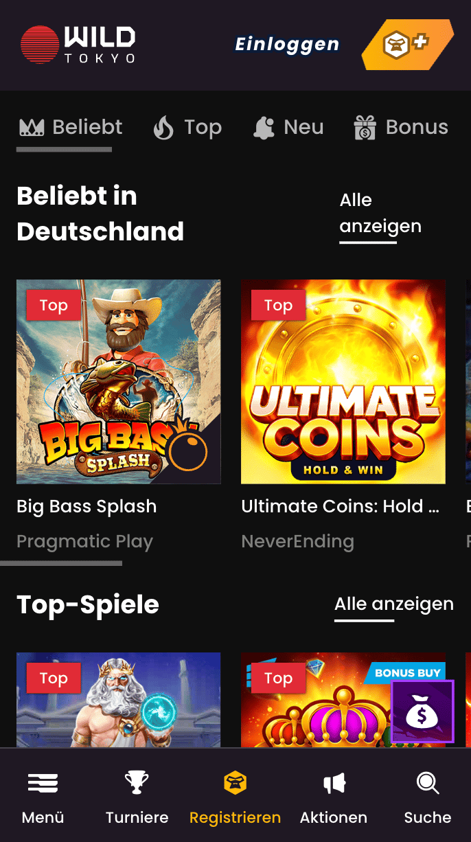 Spiellobby im Wild Tokyo Casino zeigt beliebte Spiele wie Big Bass Splash