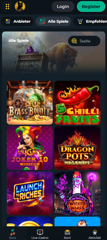 Tomb Riches Spielauswahl zeigt Spiele wie 5 Chilli Fruits neben Suchleiste und anderen Spielkategorien