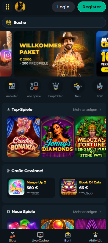 Tomb Riches Startseite zeigt Willkommenspaket und top Spiele