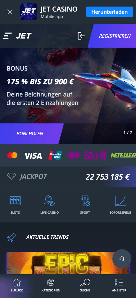 Startseite im Jet Casino zeigt Bonus und aktuellen Jackpot