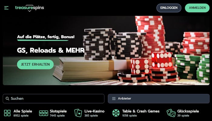 Treasurespins Casino Startseite zeigt Bonusangebote neben Casino Kategorien