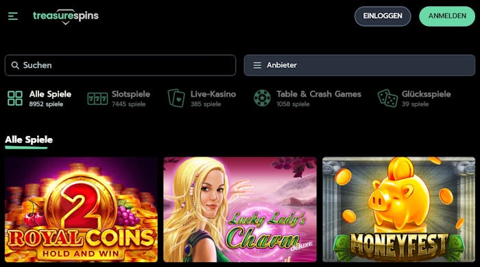Spiellobby im Treasurespins Casino zeigt Spiele wie Moneyfest neben anderen Kategorien