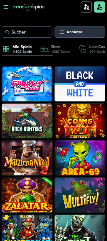 Spiellobby im Treasurespins Casino zeigt Spiele wie Moneyfest neben anderen Kategorien