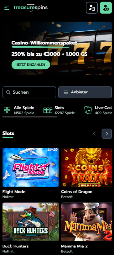 Treasurespins Casino Startseite zeigt Bonusangebote neben Casino Kategorien