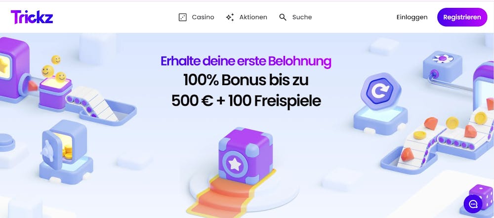 Die Homepage von Trickz Casino, im Hintergrund eine Beschreibung über den Willkommensbonus von 100% bis zu 500 € + 100 Freispiele