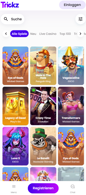 Eine Übersicht über viele verschiedene Slots bei Trickz Casino, mit Titeln wie Moon Princess Trinity und Razor Returns