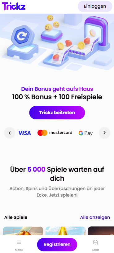 Die Homepage von Trickz Casino, im Hintergrund eine Beschreibung über den Willkommensbonus von 100% bis zu 500 € + 100 Freispiele