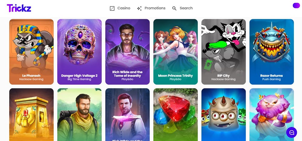 Eine Übersicht über viele verschiedene Slots bei Trickz Casino, mit Titeln wie Moon Princess Trinity und Razor Returns