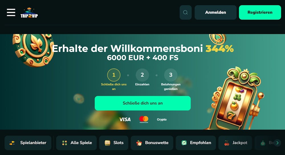 Startseite des Trip2vip Casinos zeigt Bonusangebot bis zu 6000 Euro und 400 Freispielen