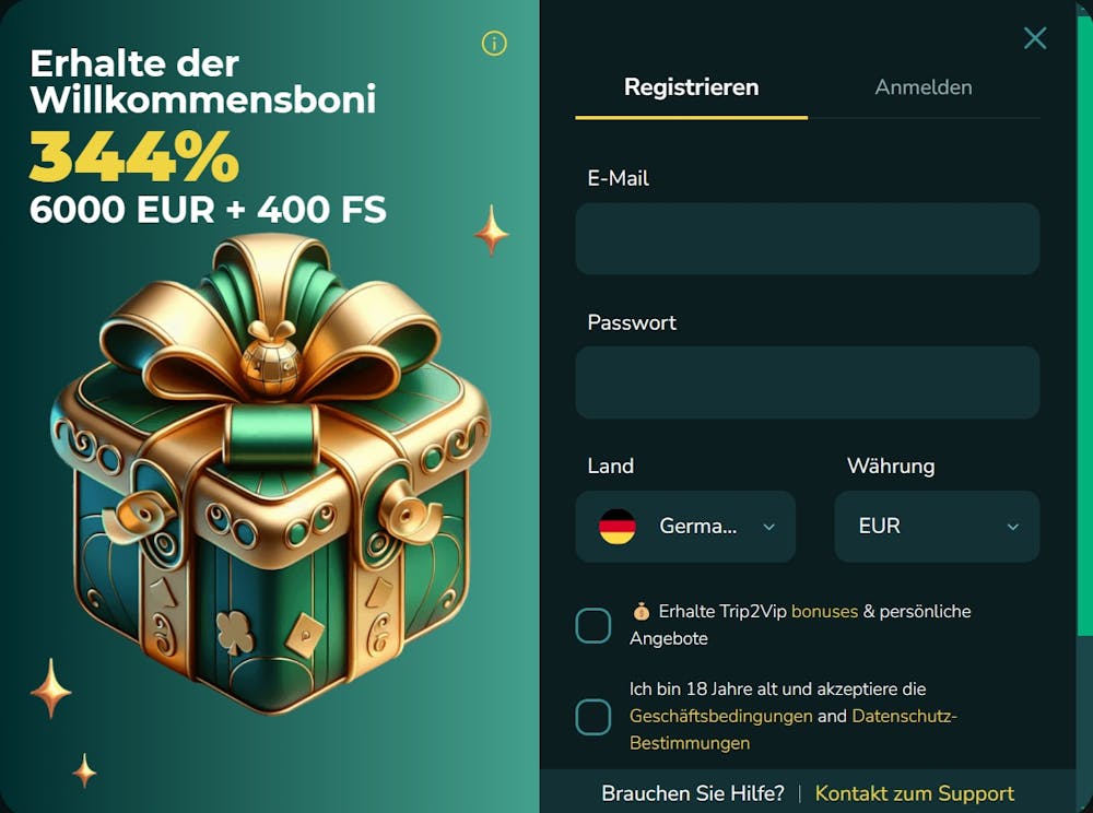 Trip2vip Casino Anmeldeformular mit Willkommensbonusangebot bis zu 6000 Euro und 400 Freispielen