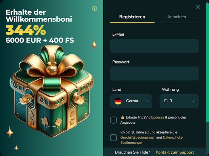 Trip2vip Casino Anmeldeformular mit Willkommensbonusangebot bis zu 6000 Euro und 400 Freispielen