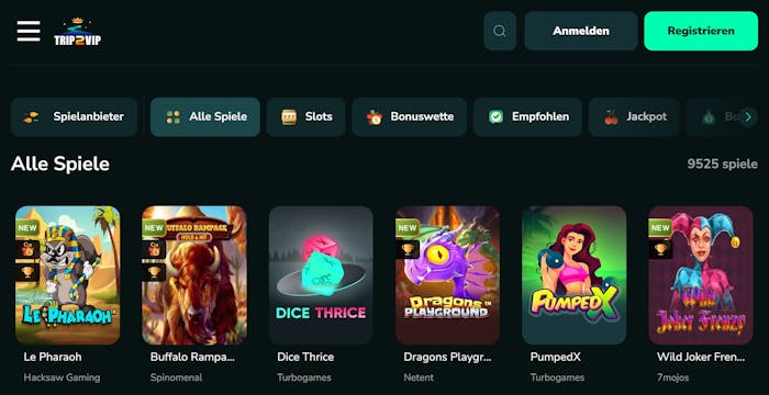 Trip2vip Casino Spiellobby zeigt Spiele wie Le Pharaoh neben anderen Spielkategorien