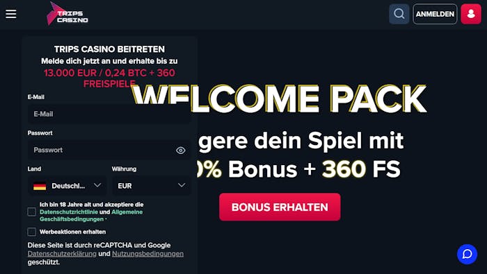 Screenshot vom Trips Casino mit dem Willkommensangebot als Banner, bei welchem es einen 100 % Bonus und 360 Freispiele gibt.