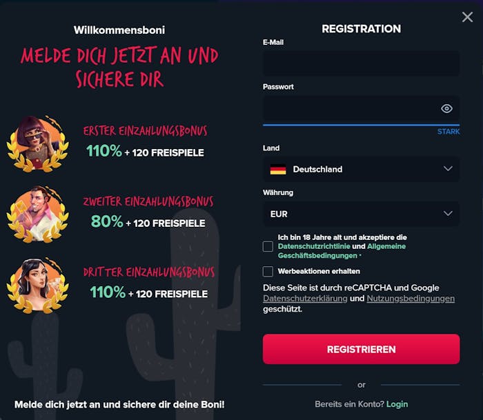 Trips Casino Screenshot mit der Anmeldeseite, links kann man sich einen Bonus auswählen und auf der rechten Seite werden die persönlichen Daten eingegeben.