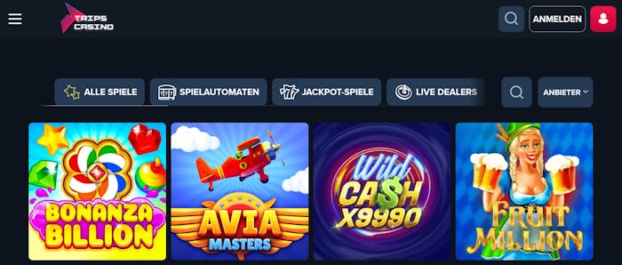 Trips Casino Screenshot mit der Casino Slot Auswahl, darunter der Slot Bonanza Billion.
