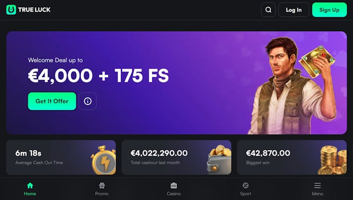 Startseite des True Luck Casinos zeigt Willkommensbonus