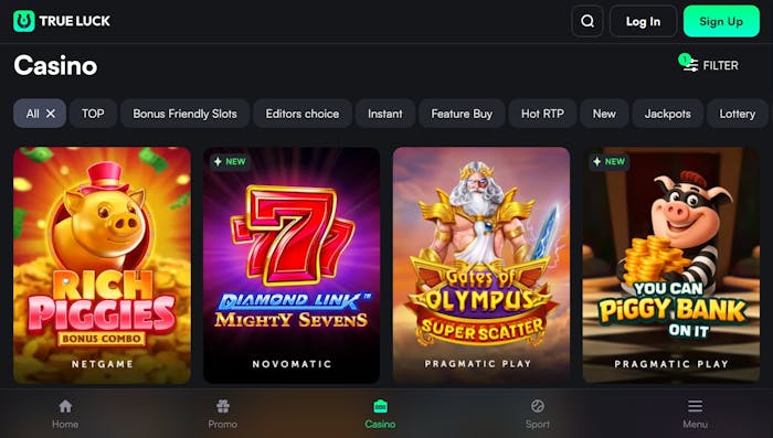 Spiellobby im True Luck Casino zeigt Spiele wie Gates of Olympus neben anderen Spielkategorien
