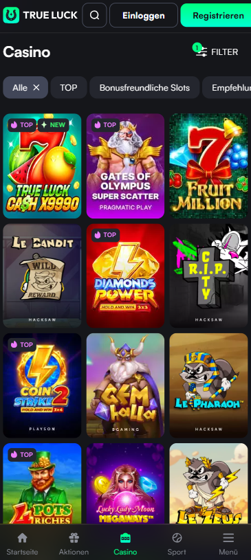 Spiellobby im True Luck Casino zeigt Spiele wie Gates of Olympus neben anderen Spielkategorien