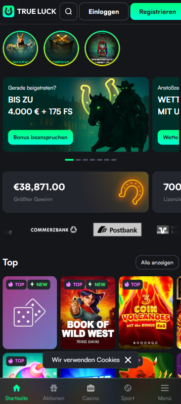 Startseite des True Luck Casinos zeigt Willkommensbonus und top Spiele
