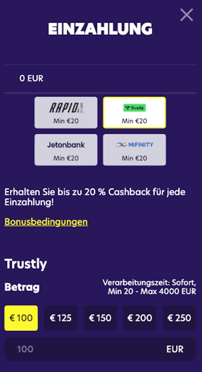 Beispiel für eine Einzahlung im Trustly Casino