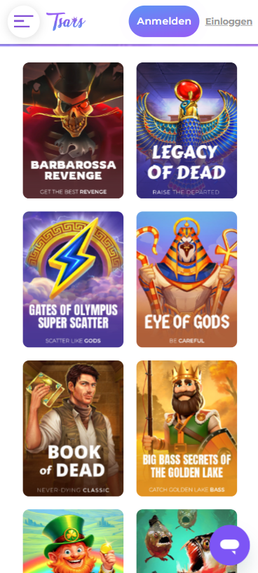 Tsars Casino Spielauswahl zeigt Spiele wie Book of Dead