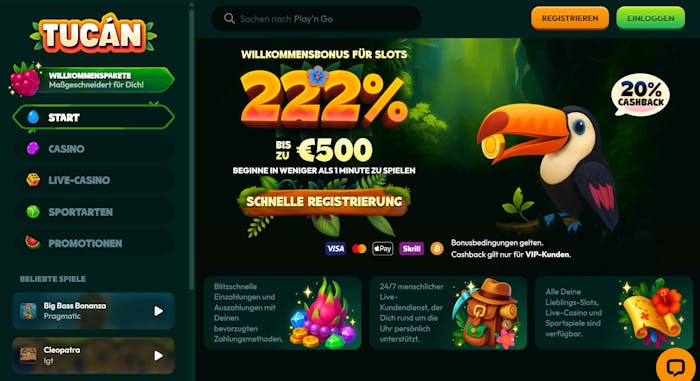 Screenshot vom Tucan Casino mit dem Willkommensbonus Angebot und dem Tucan Maskottchen.