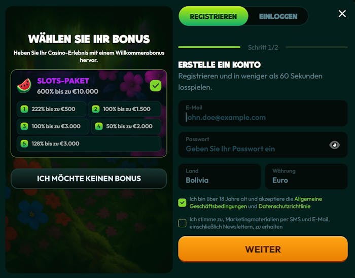Tucan Casino Screenshot mit der Anmeldeseite. Links kann man den Willkommensbonus auswählen und rechts die eigenen Daten eingeben, damit man sich anmelden kann.