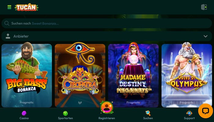 Screenshot vom Tucan Casino mit den Slots, darunter Big Bass Bonanza.