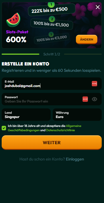 Tucan Casino Screenshot mit der Anmeldeseite. Links kann man den Willkommensbonus auswählen und rechts die eigenen Daten eingeben, damit man sich anmelden kann.