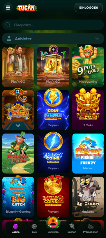 Spiellobby im Tucan Casino zeigt Spiele wie Book of Dead neben Suchleiste und Anbieterfilter