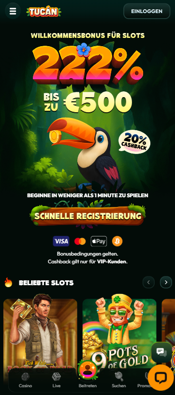 Screenshot vom Tucan Casino mit dem Willkommensbonus Angebot und dem Tucan Maskottchen.