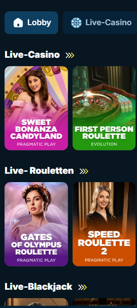 Torbosven Casino Screenshot mit dem Live Casino-