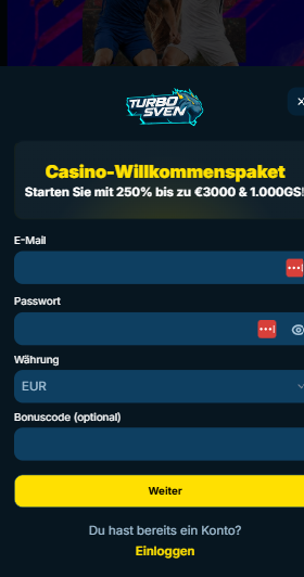 Turbosven Casino Screenshot mit der Anmeldeseite.