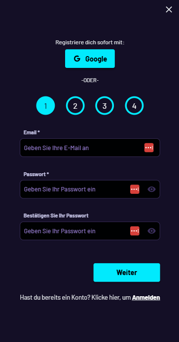 Turbowins Casino Screenshot mit der Anmeldeseite.