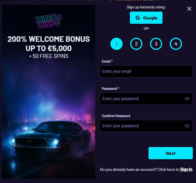 Turbowins Casino Screenshot mit der Anmeldeseite.