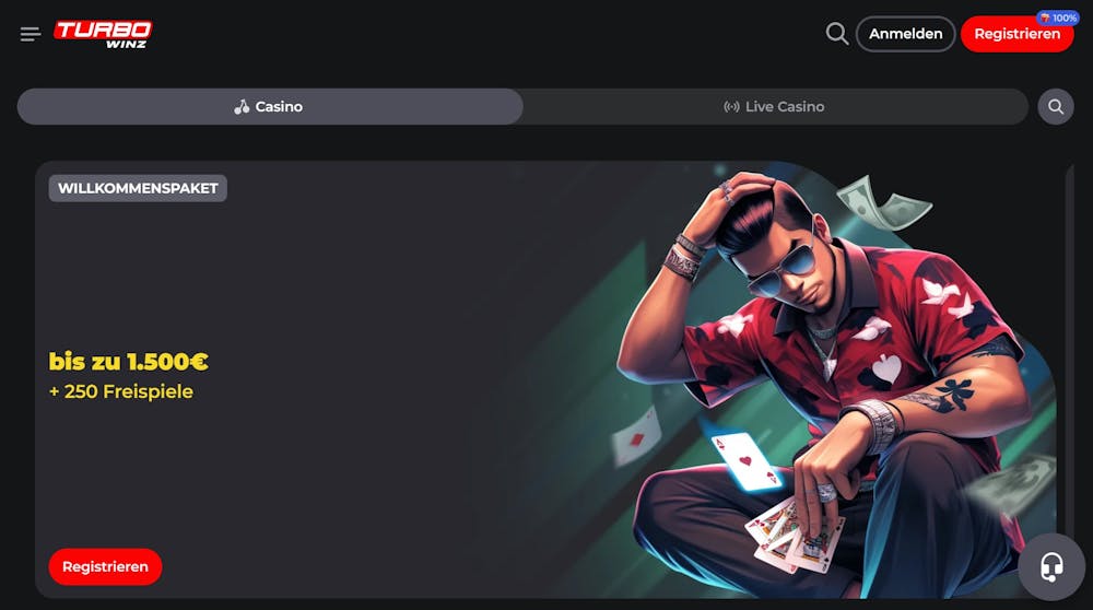 Turbowinz Casino Startseite zeigt Willkommenspaket 