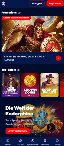 Startseite im Gladiatorsbet Casino zeigt Anmeldeformular und Spielkategorien