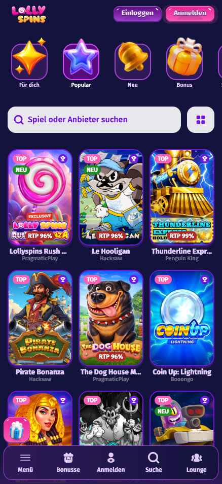 Spiellobby im Lolly Spins Casino zeigt Spiele wie Le Hooligan neben Suchleiste und anderen Spielkategorien