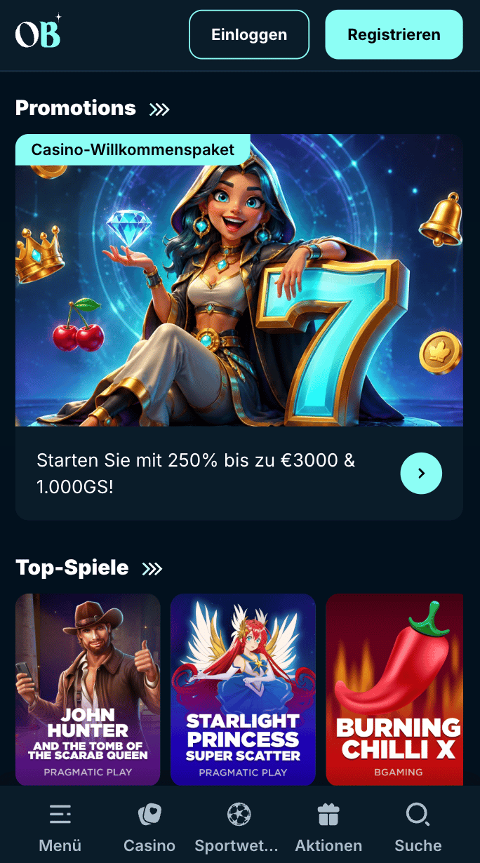 Startseite im Orionsbet Casino zeigt Willkommensbonus und top Spiele